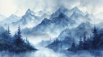 Calming Watercolor Mountains, Blending Dreams with Reality - obrazy, fototapety, plakaty