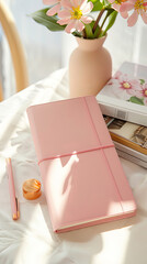 A pink notebook , placed beside a pen and some books in a table