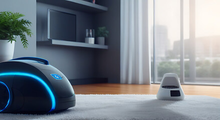 A wireless futuristic vacuum hoover cleaning machine robot on schedule in a living room with HUD datum data and controls around it, a wide banner design with copy space, indoor