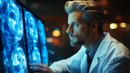 A Doctor looking at x ray film in a hospital. Cancer Concept. Generative Ai.