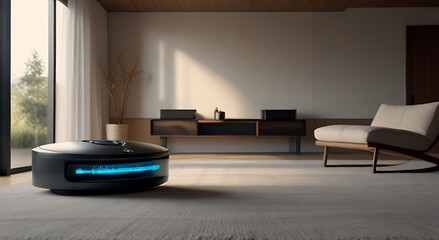 A wireless futuristic vacuum hoover cleaning machine robot on schedule in a living room with HUD datum data and controls around it, a wide banner design with copy space, cleaner