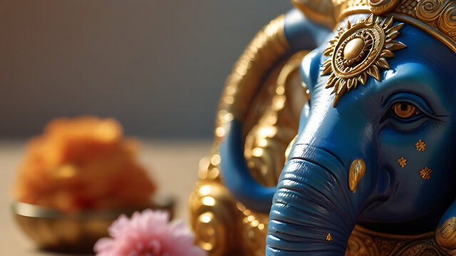 A vastu Blue devil eye along with an elephant vastu statue and 10 vastu devil eye flowers in gold colour on fang sui item in bright light, isolated background, light