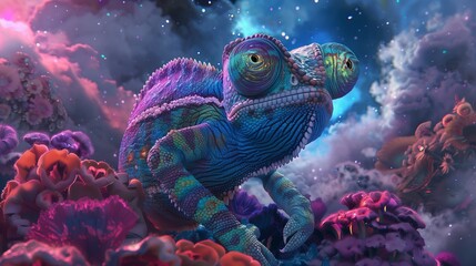 On a distant alien world, a Dazzlingly Colored Chameleon, donning Fashionable Sunglasses, navigates a surreal landscape of crystalline formations and iridescent flora.