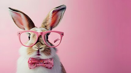 Cool Easter Bunny celebration greeting card, Holiday Animal, bunny with pink sunglasses on solid color background, Fun Easter concept.