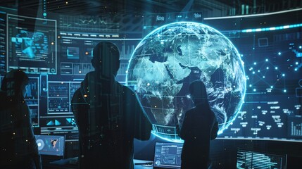 Obraz premium Cybersecurity professionals monitoring a digital globe for threats, safeguarding information