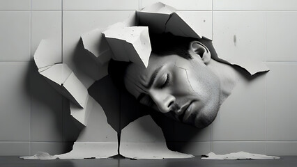 A grey or monochromatic abstract concept image of a human being suffering from depression with closed eyes and falling apart into parts and cracks, concept, sad, illusion image, PTSD - obrazy, fototapety, plakaty