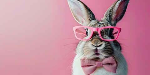 Cool Easter Bunny celebration greeting card, Holiday Animal, bunny with pink sunglasses on solid color background, Fun Easter concept. - obrazy, fototapety, plakaty