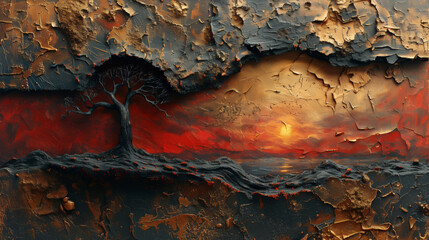 Solitary Tree Silhouette Against A Cracked Fiery Sunset, Nature's Resilience Depicted
