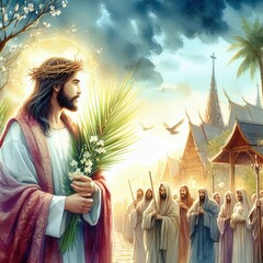 Fototapeta premium Palm Sunday Serenity: Watercolor Portrait of Jesus Christ, Symbolizing Christian Faith