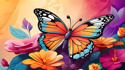 An artistic digital illustration depicting a whimsical summer butterfly resting gracefully on a vividly colored flower, surrounded by a colorful background that radiates the energy of summer. The art 