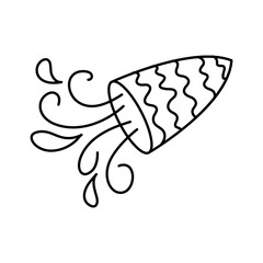 Confetti party popper, festive cotton button on white background.