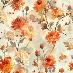 Fototapeten Little watercolor chrysanthemums, seamless, autumn light touch. Seamless Pattern, Fabric Pattern,  Tumbler Wrap, Mug Wrap. © Thanthara