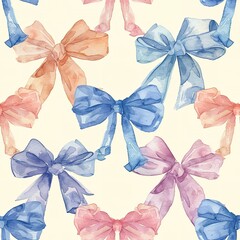 Delicate watercolor ribbon bows, seamless pattern, soft pastel hues. Seamless Pattern, Fabric Pattern,  Tumbler Wrap, Mug Wrap.