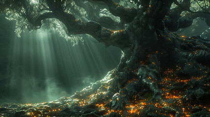 Glowing Enchanted Tree In Mystical Forest, Magical Essence of Nature's Heart