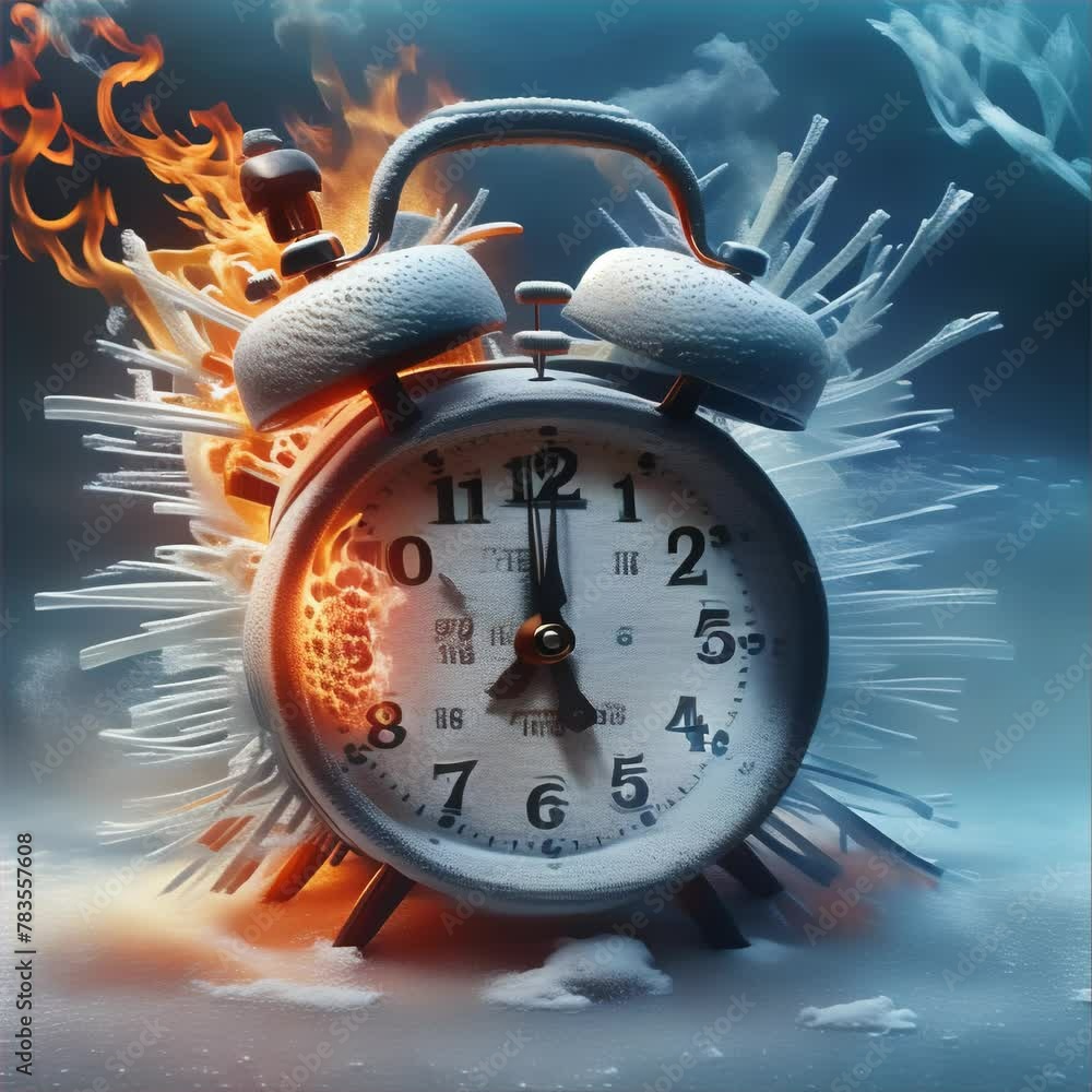 Poster a conceptual image of an alarm clock with one half in flames and the other encased in ice.. ai gener