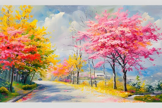 Oil painting colorful forest Cherry blossoms art watercolor
