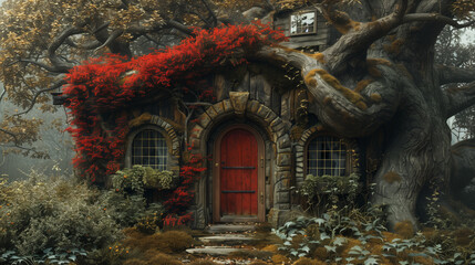 Enchanted Red Foliage Treehouse, Mystical Abode Nestled In An Autumn Forest