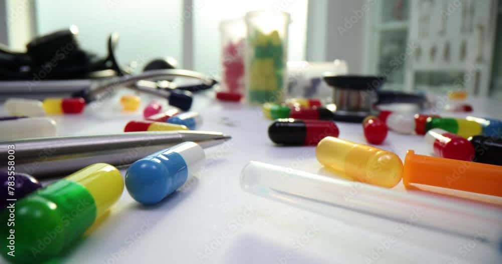 Sticker closeup of colorful pills and medical equipment on doctor table