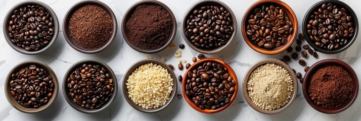 Diverse Assortment of Coffee Beans and Grounds Showcasing Global Varieties and Roasting Profiles