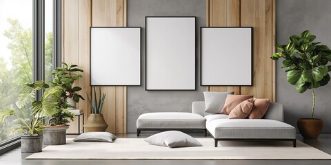 mock-up poster frame in modern interior background, living room,