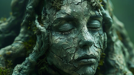 Fototapeta premium Cracked Stone Face Statue with Moss, Nature's Merge with Artistic Expression