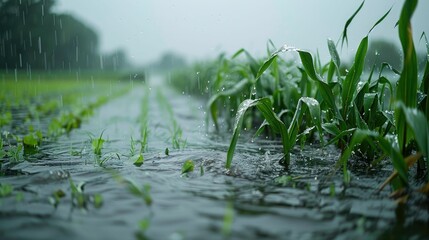 Naklejka premium Detailed shot of rain pounding on a flooded agricultural field, highlighting the impact on food sources