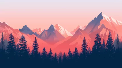 Zelfklevend Fotobehang A mountain range in sunset vibes illustration  © Adie