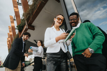 Entrepreneurial team collaborates on strategy during an outdoor business meeting, conveying...