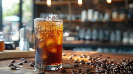 Refreshing Cold Brew Coffee on Wooden Table in Cozy Cafe Setting - obrazy, fototapety, plakaty