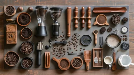 Zelfklevend Fotobehang An Artisanal Coffee Enthusiast s Essentials Grinders Tampers and Brewing Accessories Laid Out in a Rustic Still Life © Intelligent Horizons