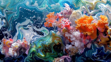 The vibrant life of a coral reef brought ashore in summer marbling - obrazy, fototapety, plakaty