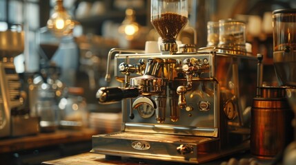 Antique Brass and Chrome Vintage Espresso Machine in a Cozy Cafe Setting a Nod to the History and Tradition of Coffee Making - obrazy, fototapety, plakaty