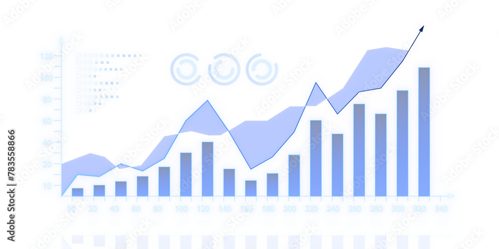 Poster a financial growth chart with blue candlestick bars and a rising line graph against a white backgrou