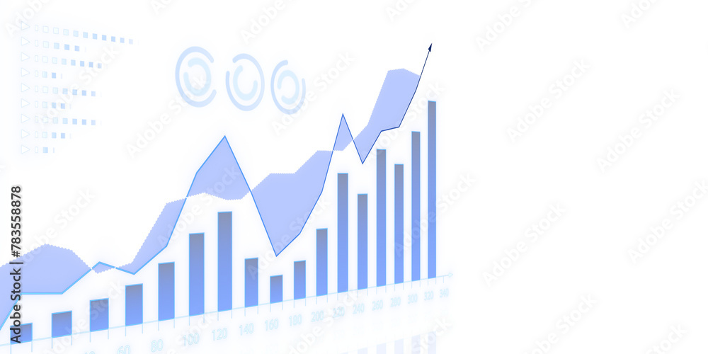 Poster an ascending financial chart with bars and line graph, presented in a stylized graphic manner on a w