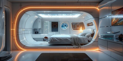 High-tech, futuristic bedroom furnished with sleek pieces. Generative Ai