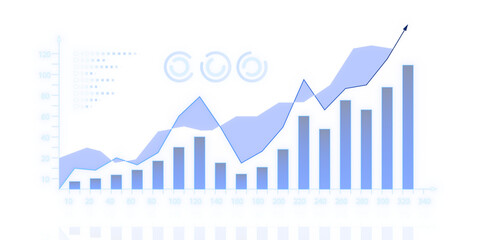 A financial growth chart with blue candlestick bars and a rising line graph against a white background, illustrating the concept of market analysis - obrazy, fototapety, plakaty