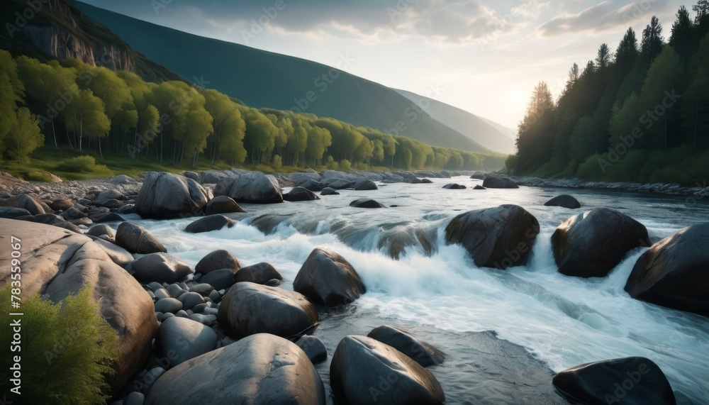 Poster a serene river flows with smooth white water through a valley, flanked by green trees and large boul