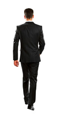 Rear view of a businessman in a black suit on a white background, an element for design and layout usage