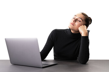 A woman in a black sweater appears tired or stressed at her work desk with a laptop, set against a...