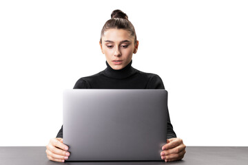 A woman in a black turtleneck working on a laptop, placed on a table, isolated on a white...
