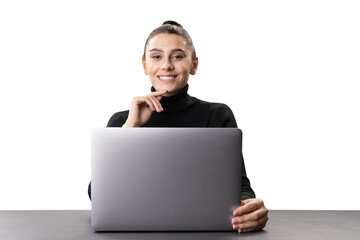 A smiling businesswoman at a table with a laptop, on a white background, representing a professional online work concept