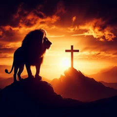 Foto op Aluminium lion Silhouetted Against the Sunset, Bearing the Cross of Christ © MrArsalan`s Art