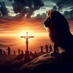 Poster lion Silhouetted Against the Sunset, Bearing the Cross of Christ © MrArsalan`s Art