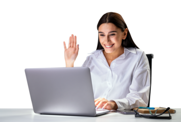 Smiling businesswoman at her desk, waving while using a laptop, isolated on a white background, concept of online work