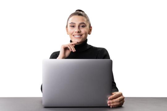 A smiling businesswoman at a table with a laptop, on a white background, representing a professional online work concept