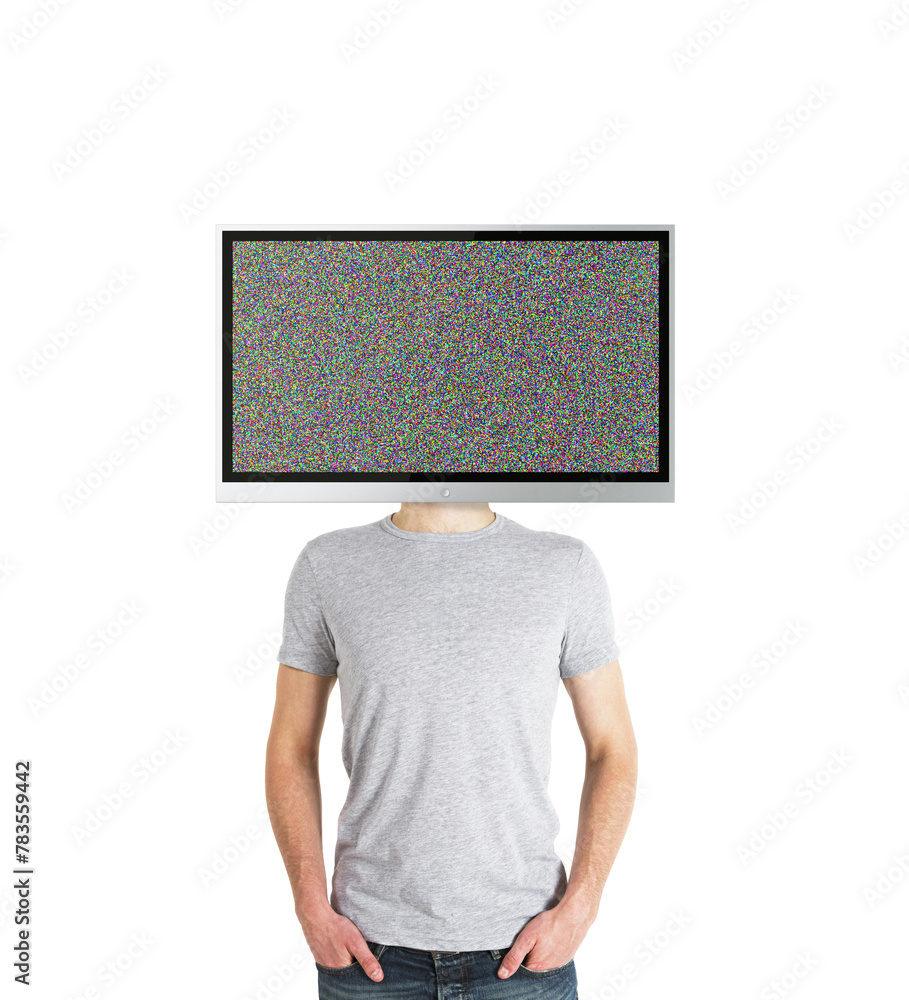 Poster A man with a TV screen for a head displaying static noise, on a white background, evoking a concept of no signal or brain overload