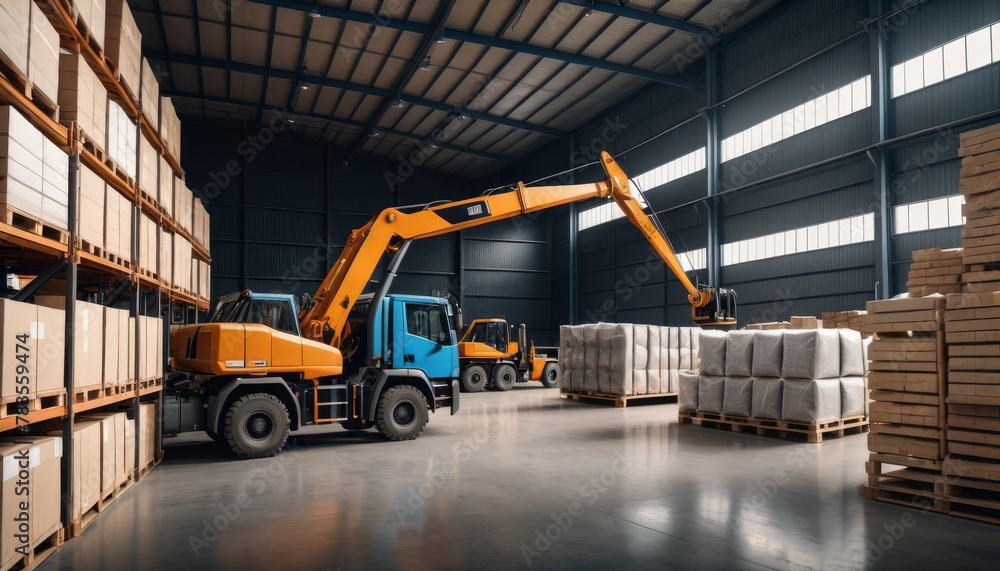 Poster a telehandler maneuvering through a spacious warehouse, efficiently handling cargo with precision an
