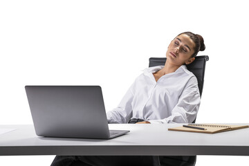 Woman resting in her office chair near laptop and notebook, isolated on white background, embodying overwork concept