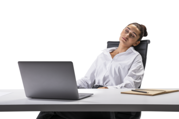 Woman resting in her office chair near laptop and notebook, isolated on white background, embodying overwork concept