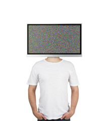 A person with a television for a head displaying static noise, on a white background, showcasing a...